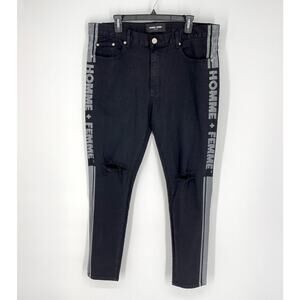 Homme + Femme NEW Skinny Distressed Jeans Mens Sz 40 Black Gray Logo Stripes